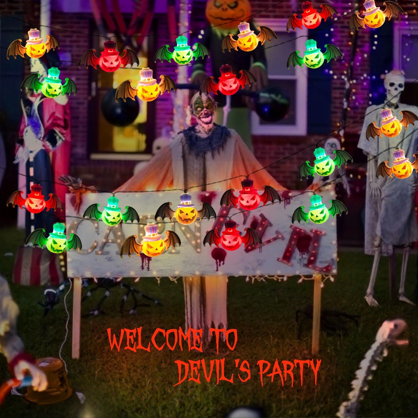 Solar Garden Lights for Halloween Decorations Outdoor,20LED 18Ft 3D Scary Devil Pumpkin Bat Solar String Lights, Unique Solar Lights Outside for Home Yard Garden Party Halloween Decor(Red Green White)