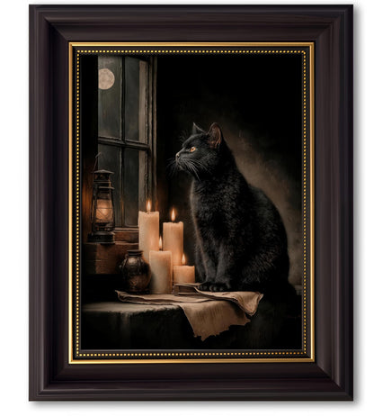 TravelReady Dark Brown Framed Canvas Wall Art Black Cat and Candle Damage-Free Hook and Loop Gothic Elegance Dark Academia Picture Decor for Bedroom Living Room, 9x11 in