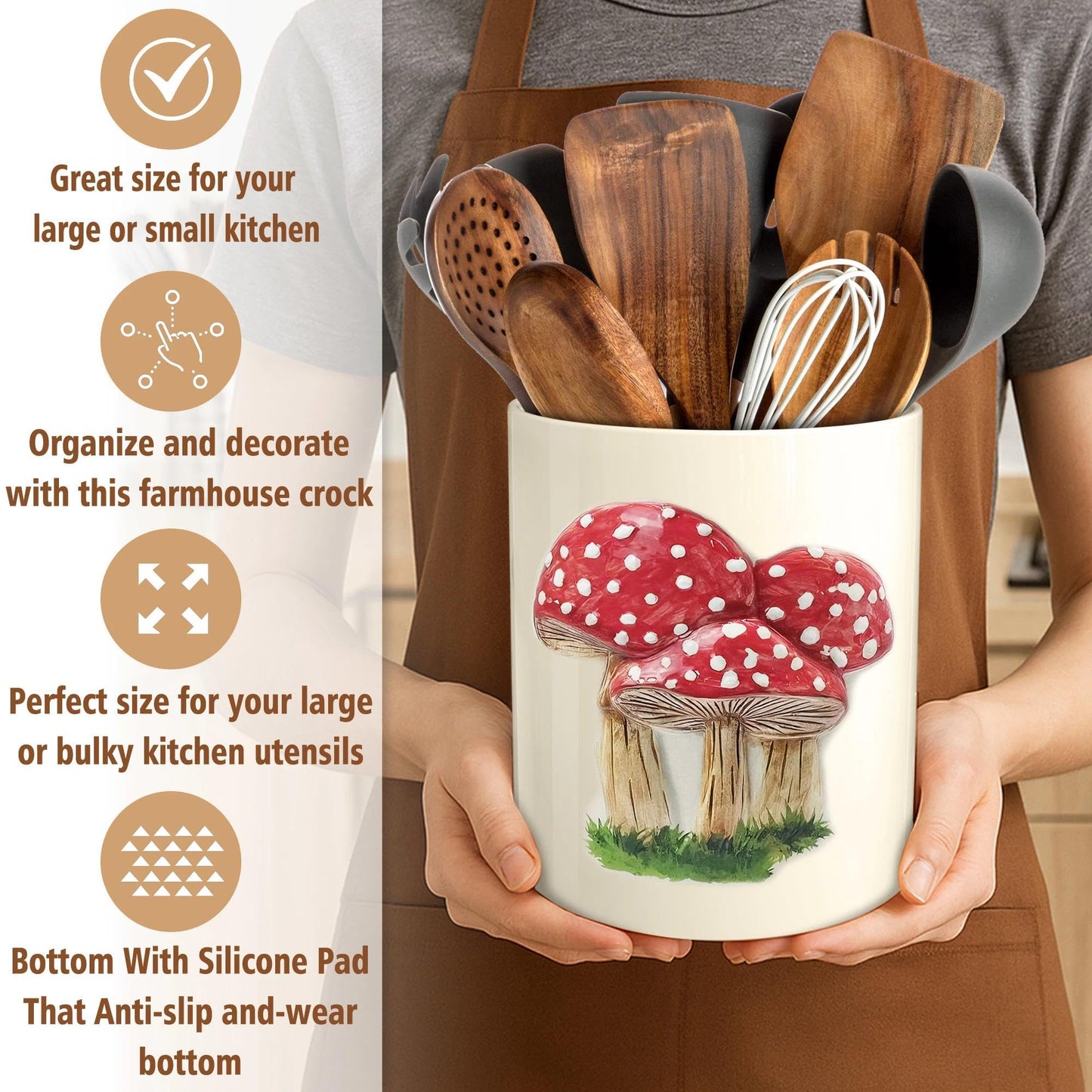 Hexagram Mushroom Decor Utensil Holder, Mushroom Kitchen Decor Embossed Ceramic Utensil Holder for Farmhouse Indoor Kitchen Decorations Rustic Farmhouse