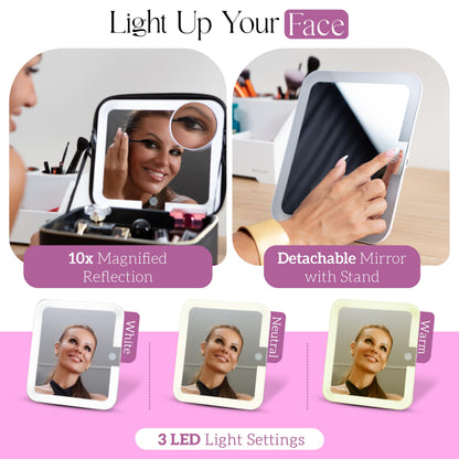 Girl About Town Travel Makeup Bag with LED Mirror - LED Makeup Bag with 10x Magnifier Mirror and Beauty Blender Included - Water-Resistant & Customizable Makeup Case with Lighted Mirror