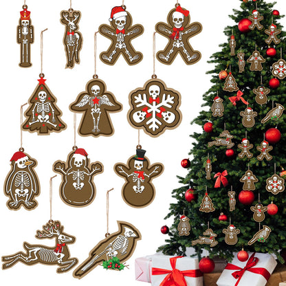AceOrbit 24 Pcs Gothic Christmas Ornaments Skeleton Gingerbread Christmas Tree Decorations Gothic Skull Lamination Wooded Hanging Xmas Decorations for Holiday Halloween Party Supplies