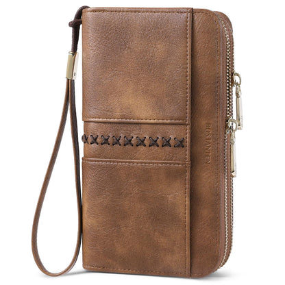 BOSTANTEN Wallets for Women Leather RFID Double Zipper Around Credit Card Holder Large Capacity Wristlet Clutch Wallet with Grip Hand Strap Brown
