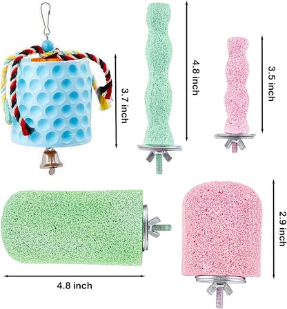 5 Pcs Bird Beak Grinding Calcium Stone, Parrot Cage Perch Stand Platform, Parrot Teething Stone Toy & Foot Claws Trimmer, Bird Chewing Toy for Macaws Parakeets Finches Cockatiel Hamster Rabbit Poultry