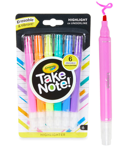 Crayola Take Note Erasable Highlighters (6ct), Teacher Essentials, Cute Aesthetic School Supplies, No Bleed Highlighters, Chisel Tip Marker Set