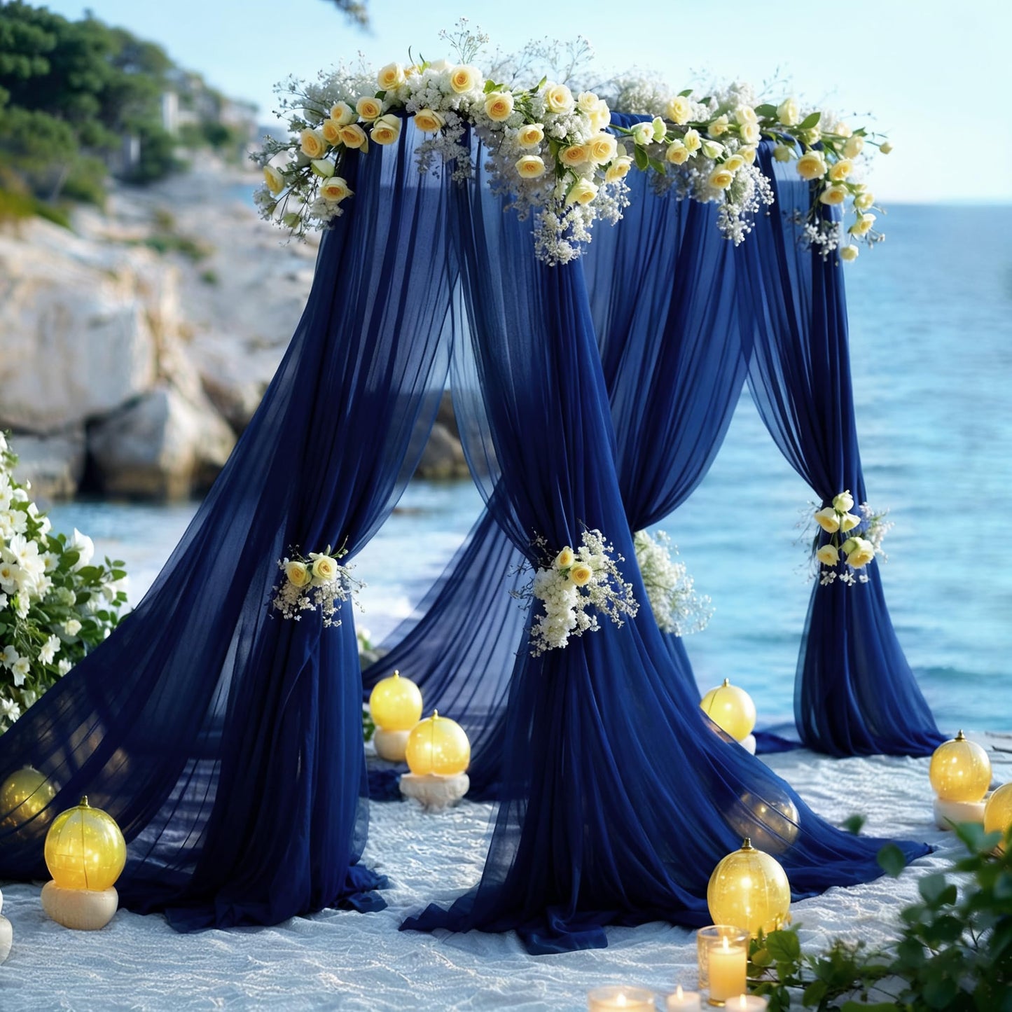 Wedding Arch Draping Fabric, 2 Panels 6 Yards Navy Blue Sheer Backdrop Curtain Window Scarf Valance for Table Event Party Home Decorations（2 Panels）, Navy Blue