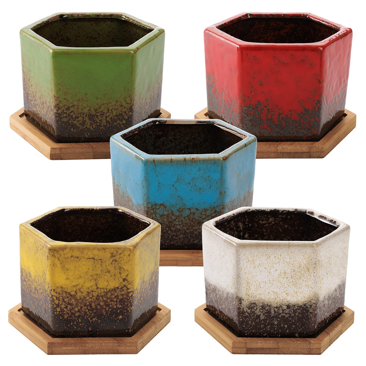 TOPZEA Set of 5 Succulent Planter Pots, 4.2 Inch Hexagon Glazed Ceramic Small Cactus Pot, Geometric Mini Flower Plant Container with Drainage Hole & Bamboo Tray for Home, Office, Windowsill, Desk