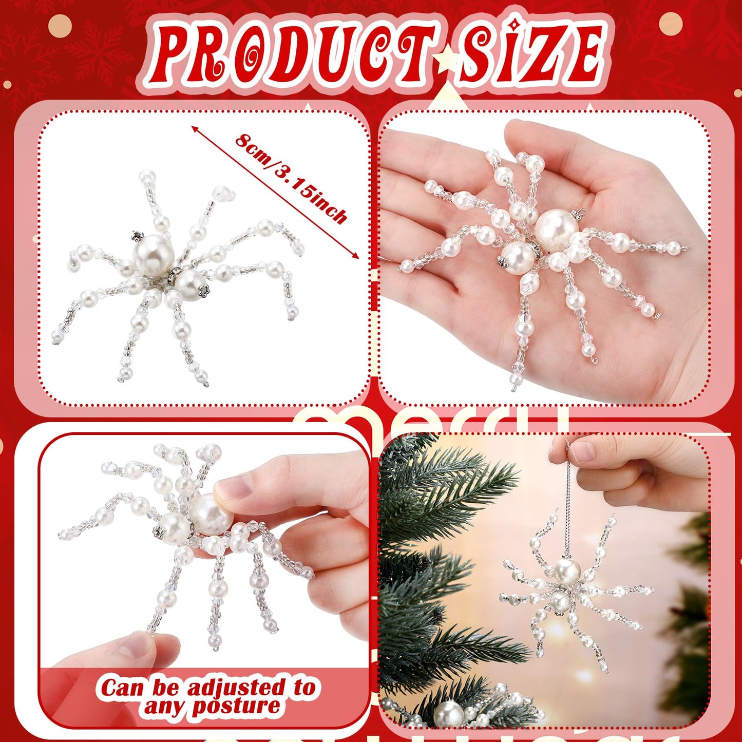 Reallnaive 8 Pcs White Christmas Spider Ornament Glitter Beaded Spider Hanging Ornaments Decorations for Christmas Tree Holiday Decor Gift
