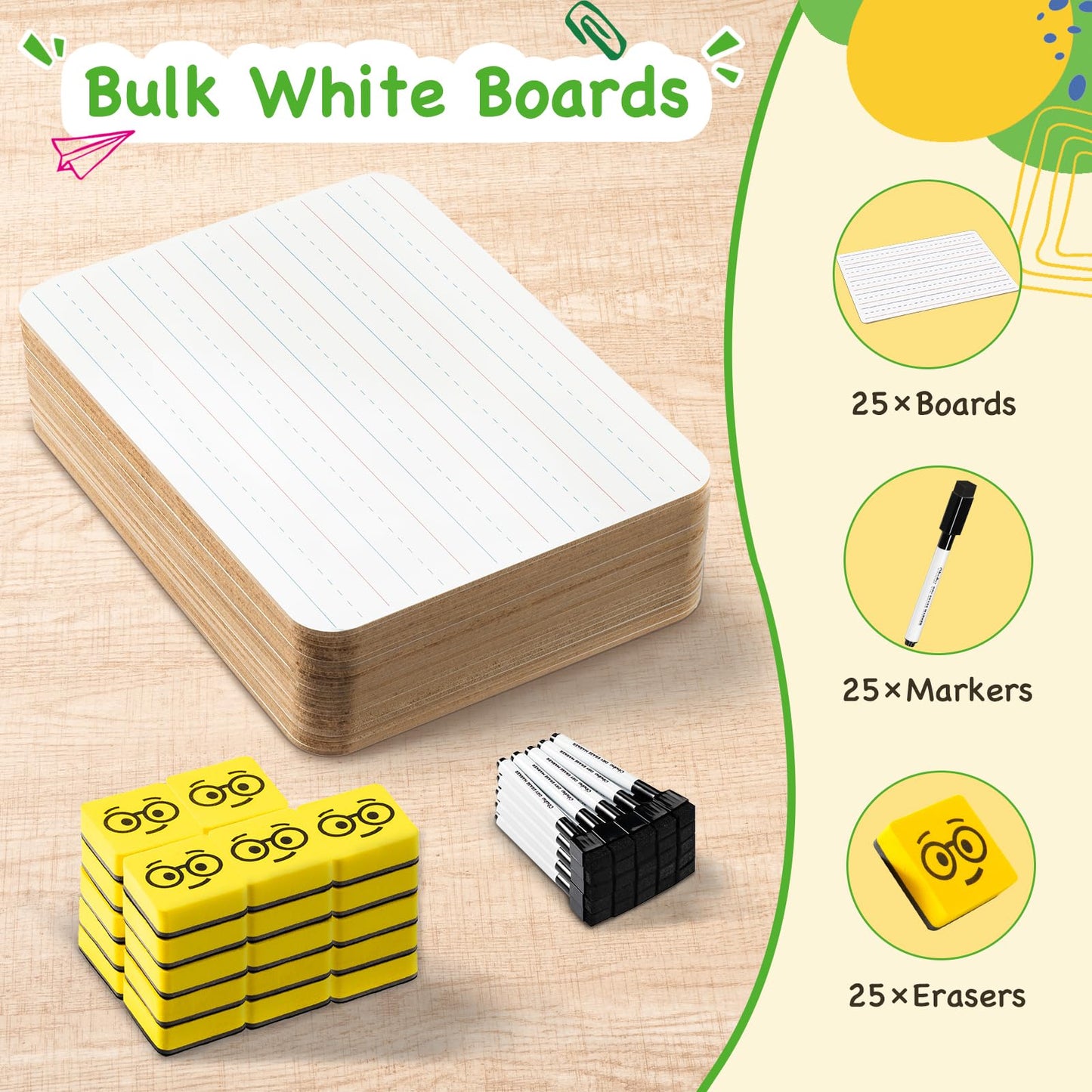 Ohuhu 25 Pack Lined/Plain Dry Erase Boards - 9"x12" Double-Sided White Board Class Set - Includes 25 Mini Whiteboards 25 Black Markers and 25 Erasers for Classroom School Office Students Teachers