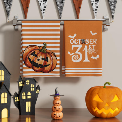XCHI Halloween Stripes Pumpkin Ghost Boo Kitchen Towels Dish Towels 18x26 Inch Home Kitchen Decorations Hand Towels Set of 4 Drying Dishcloth