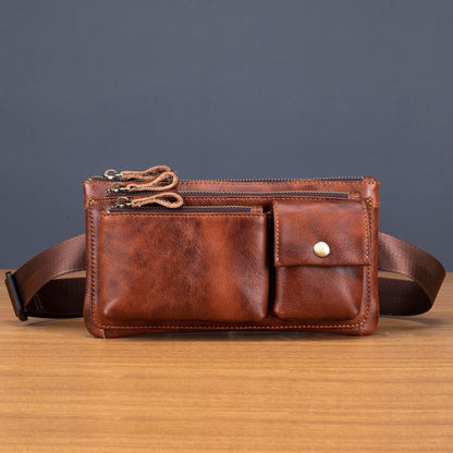 Myunxui Genuine Leather Fanny Pack Waist Bag for Men Women Clutch Bag Hip Bum Travel Pouch Sling Crossbody Chest Bags Shoulder Daypack Multiple Pockets Waist Pack Brown