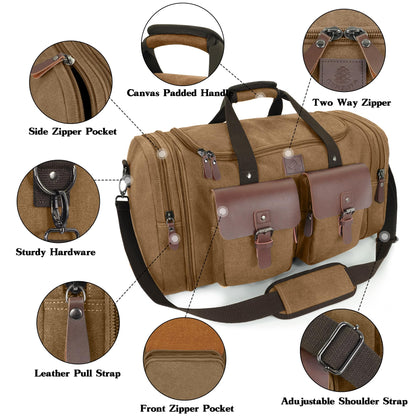 Densata Canvas Duffle Bag for Men 50L Travel Duffel Bags Expandable Genuine Leather Duffel Overnight Weekender Carry On Bag Two Zipper Pockets Travel Bag (Coffee, Large-50L)