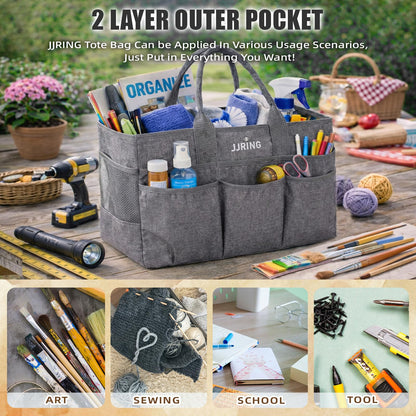 JJRING Large Art Supply Storage Tote Bag With 2 Mesh Side Pockets & Front Elastic Pockets – Sturdy Craft Organizer Caddy with Reinforced Bottom For Sewing, Scrapbooking, Teachers & Artists(Grey)