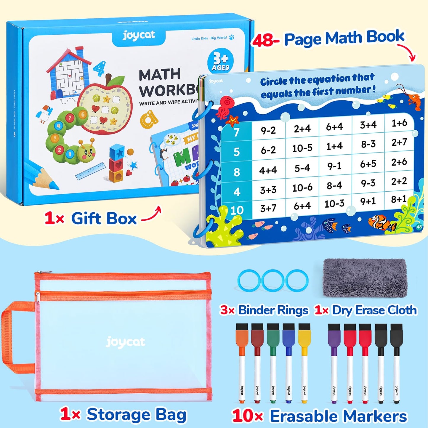 JoyCat Math Busy Book for Toddlers — Reusable Preschool Workbook with 10 Dry-Erase Markers, Number Tracing & Counting Activity Book for Kids Ages 3–8, Kindergarten Learning Activities, Travel-Ready