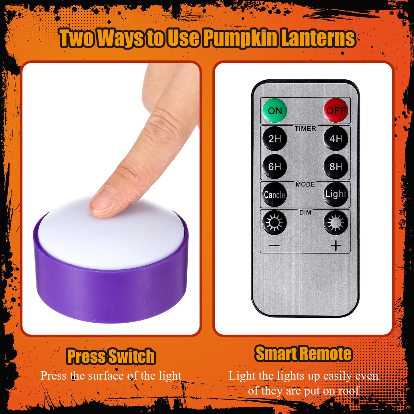 Riakrum 6 Pieces Halloween Remote Timer LED Lights with Remote Summer Halloween LED Pumpkin Lights Battery Operated Lantern Bright Flameless Candle(Purple,Purple Light)