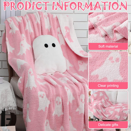 Hillsuren Halloween Throw Blankets and Pillow Set Include Ghost Spooky Pink and White Double Sided Flannel Blanket 50 x 60 Inch and Plush Throw Pillows Cushion for Couch Sofa Bed Home Decorations
