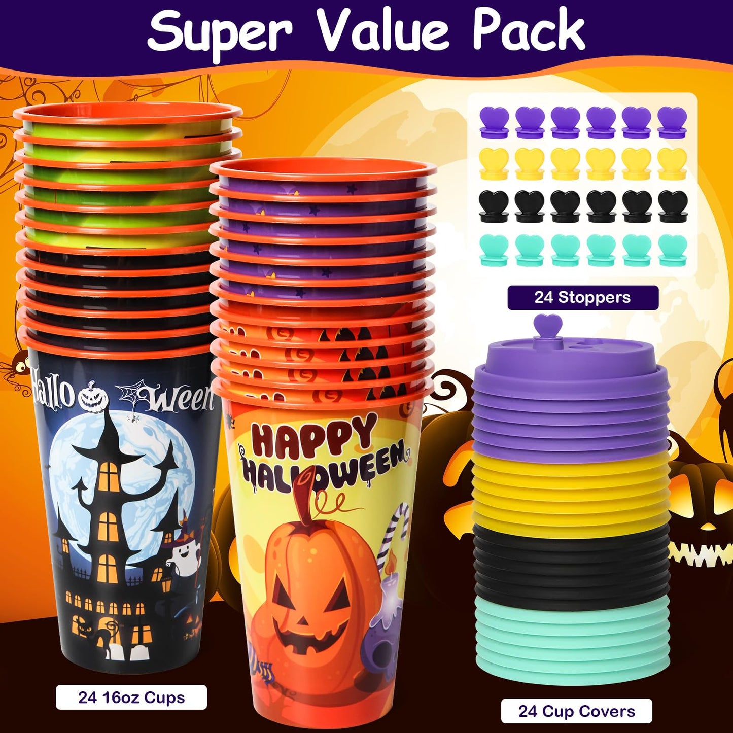 FZR Legend 24 Pack Halloween Party Favors Goodie Cups - Bats, Ghost, Cats, Pumpkin, Witch, Spider Patterns - 16OZ Reusable Plastic Cups With Lids and Plugs for Party Decorations