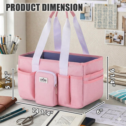 Jjring Craft Organizer Tote Bag, Portable Art Caddy with Adjustable Divider&Secure Zipper Pocket, Foldable Storage Tote for Scrapbooking, Sewing, Artist and Home(Pink)