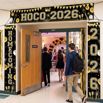 Fanfanwin 3 Pcs Hoco 2026 Banner Decorations for Hoco Party 2026 Black and Gold Homecoming 2026 Banner Yard Decorations for Homecoming Dance Party Background Supply
