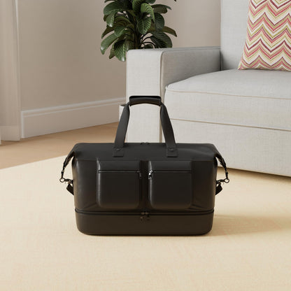 Pu Leather Travel Duffle Bag, Overnight Weekender with Shoe Compartment - Large Gym Bag for Men & Women - Black