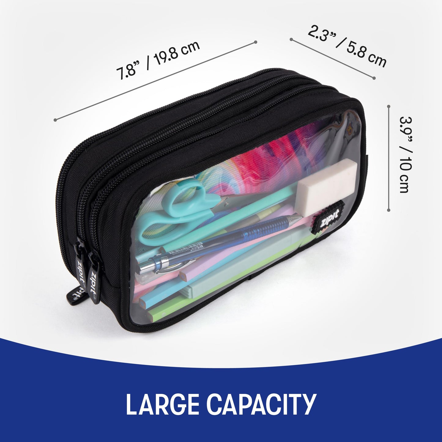 ZIPIT Half & Half Pencil Case, 3 Compartment Zipper Pouch for School, Stationery Bag for Teen Girls Boys and Adults, Black