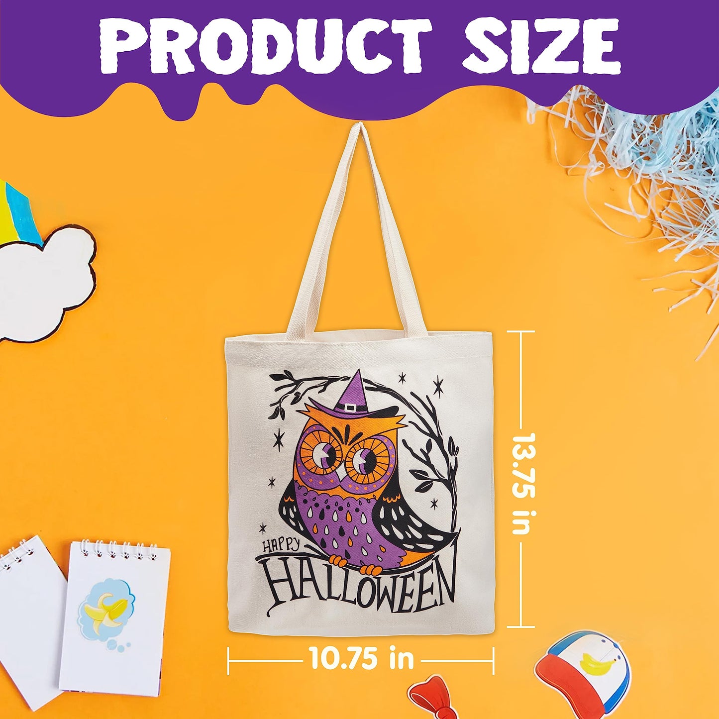 JOYIN 3PCS 13.75” Large Halloween Tote Treat Bags for Trick or Treating, Halloween Goodie Candy Bags, Reusable White Canvas Gift Bag for Kids Party Favor Supplies, Snack Grocery Tote with Handles