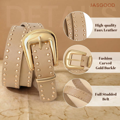 JASGOOD Women Western Belt with Gold Buckle Leather Wide Belts for Jeans Ladies Beige Punk Studded Waist Belts 1.1" Width