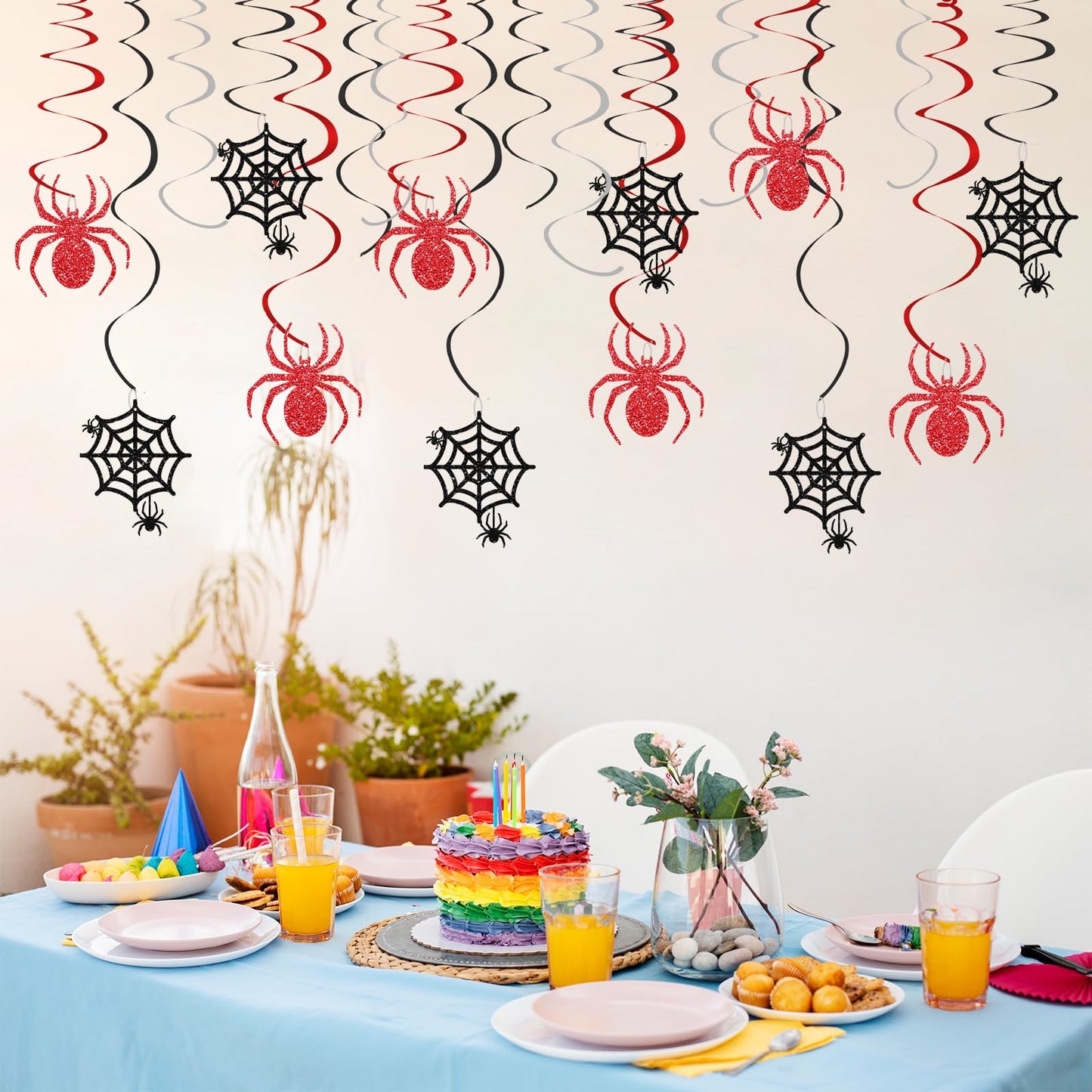 Spider Hanging Swirls, Halloween Hanging Decoration, Spider Web Foil Ceilling Decor for Birthday, Spooky Halloween Party Favors - Black Glitter
