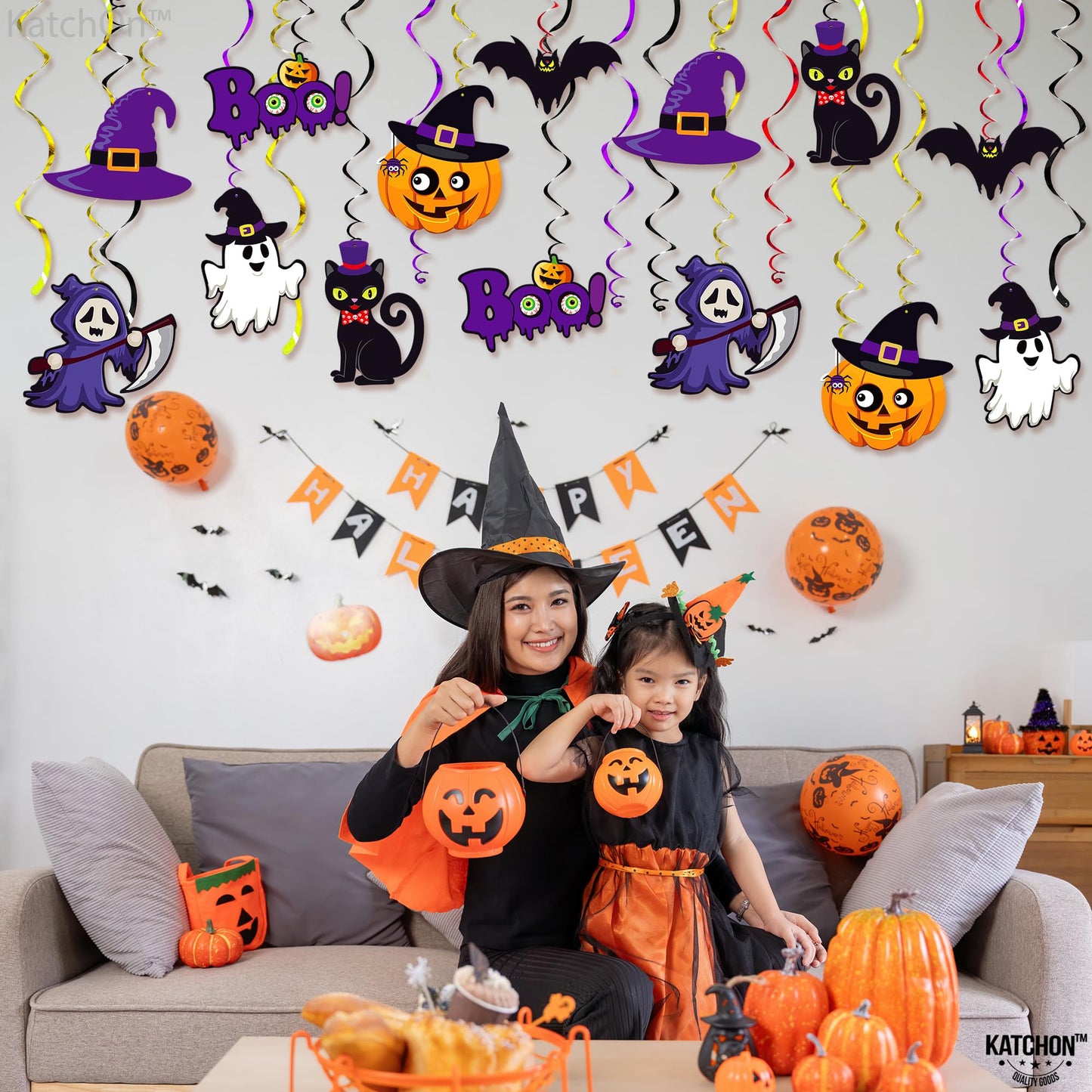 Halloween Hanging Decorations - Large, Pack of 28 and XtraLarge Carnival Backdrop - 72x44 Inch | Spooky Halloween Hanging Swirls, Halloween Party Decorations | Scary Halloween Carnival Decorations