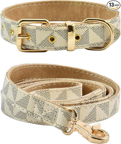 Leather Dog Collar and Leash Set, Check Pattern Dog Collar Leashes Metal Buckle Adjustable Durable for Small Medium Large Dogs (White, M(11.8-15IN))