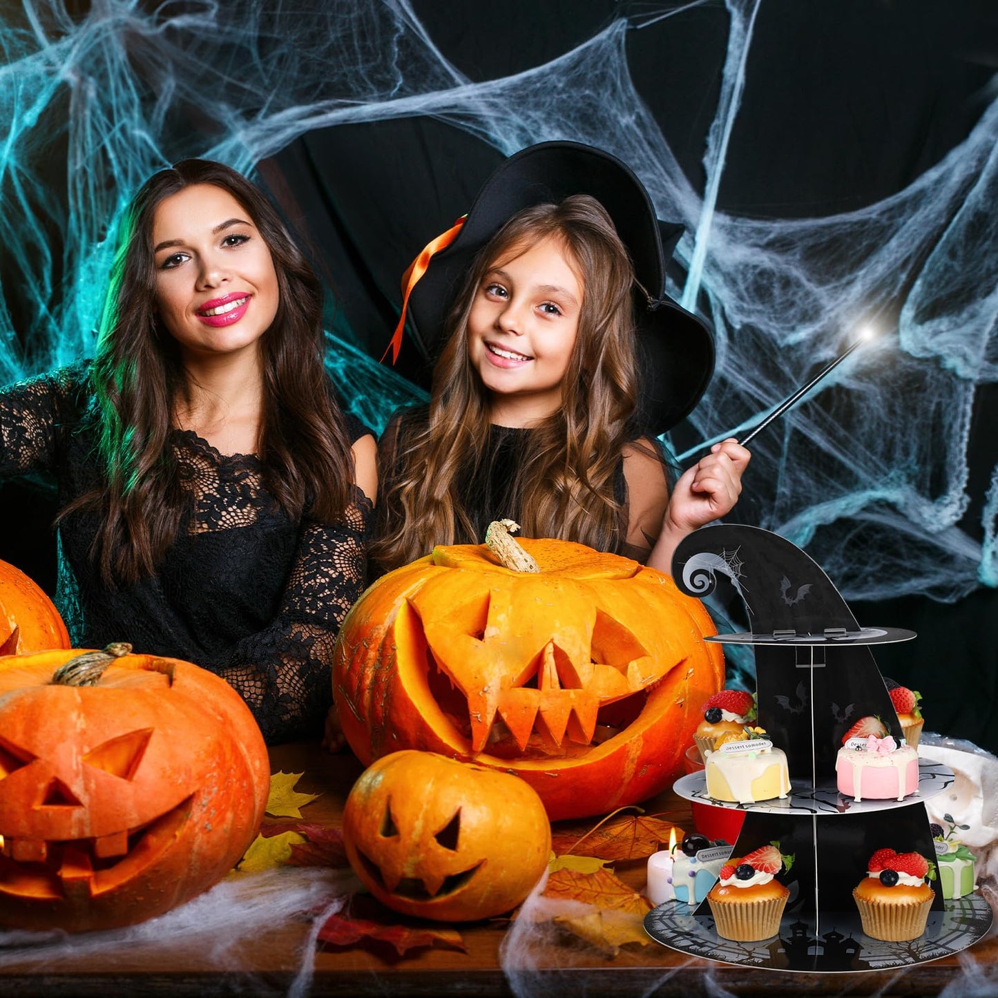 Zopeal 3 Tier Halloween Cupcake Stand The Nightmare Cardboard Cake Stand Tower Pumpkin Bat Scary Party Cupcake Serving Tray Dessert Tower for Halloween Carnival Party Decoration Supplies
