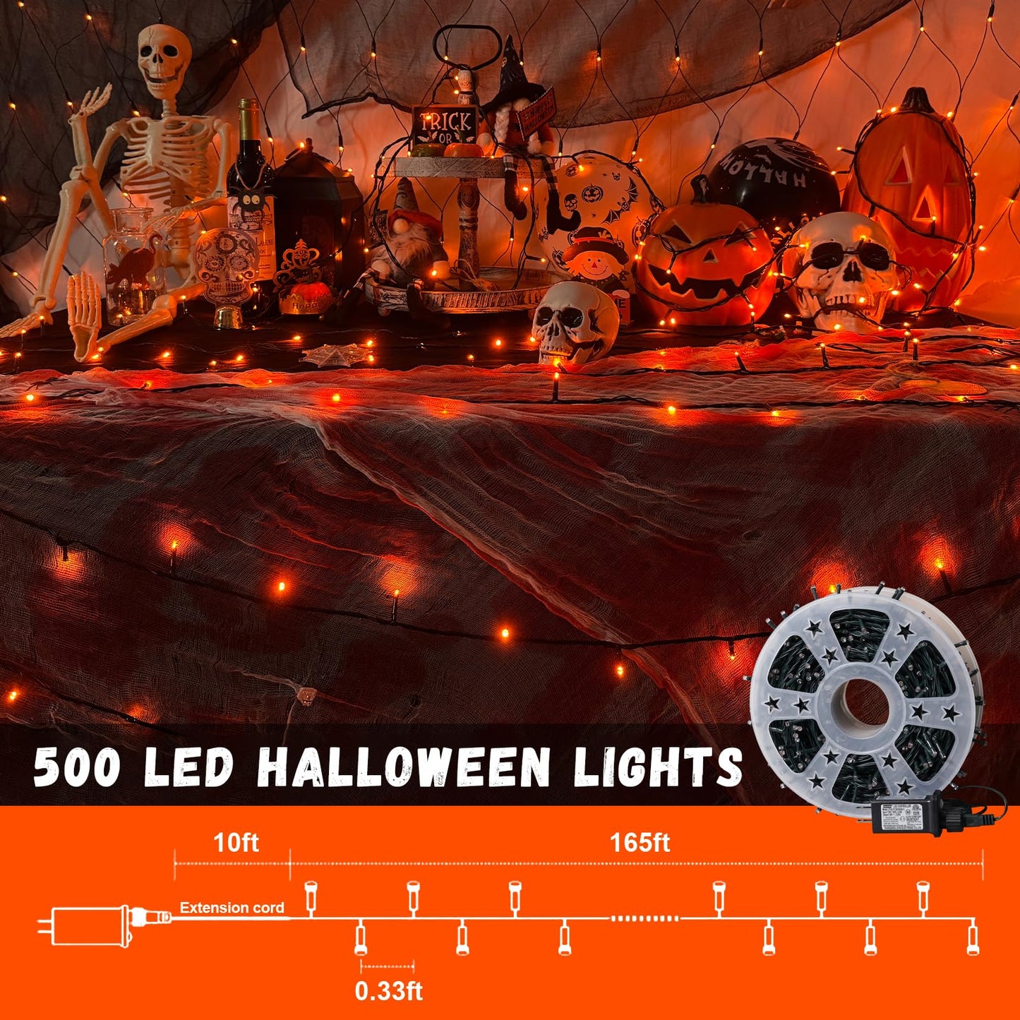 QITONG 165ft 500 LED Orange String Lights, Twinkle Lights Outdoor Waterproof with 8 Modes, Green Wire Orange Christmas Light Plug in Indoor with Timer Memory