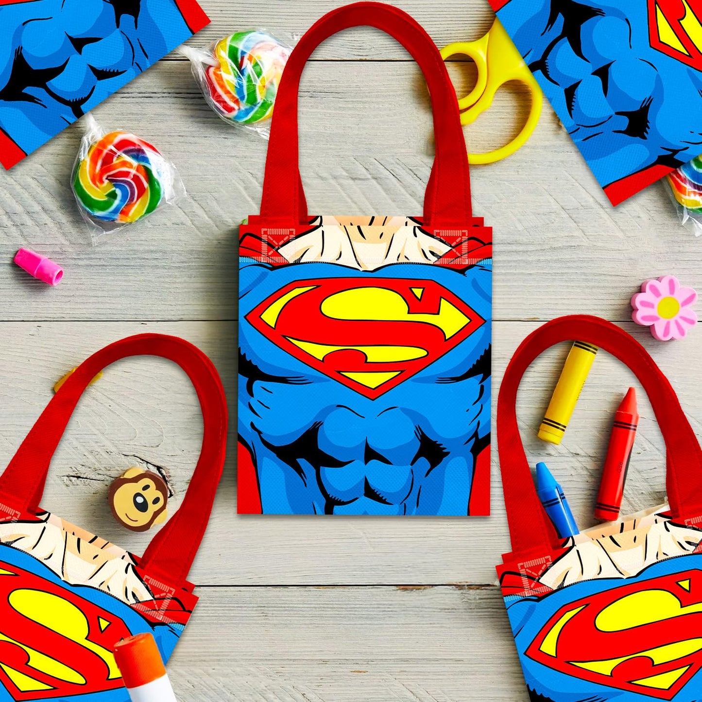 DC Comics Superman Party Favor Bags Set – 12 Pack 8" Superhero Goodie Bags for Kids Bulk Reusable Mini Totes | Superman Birthday Party Supplies