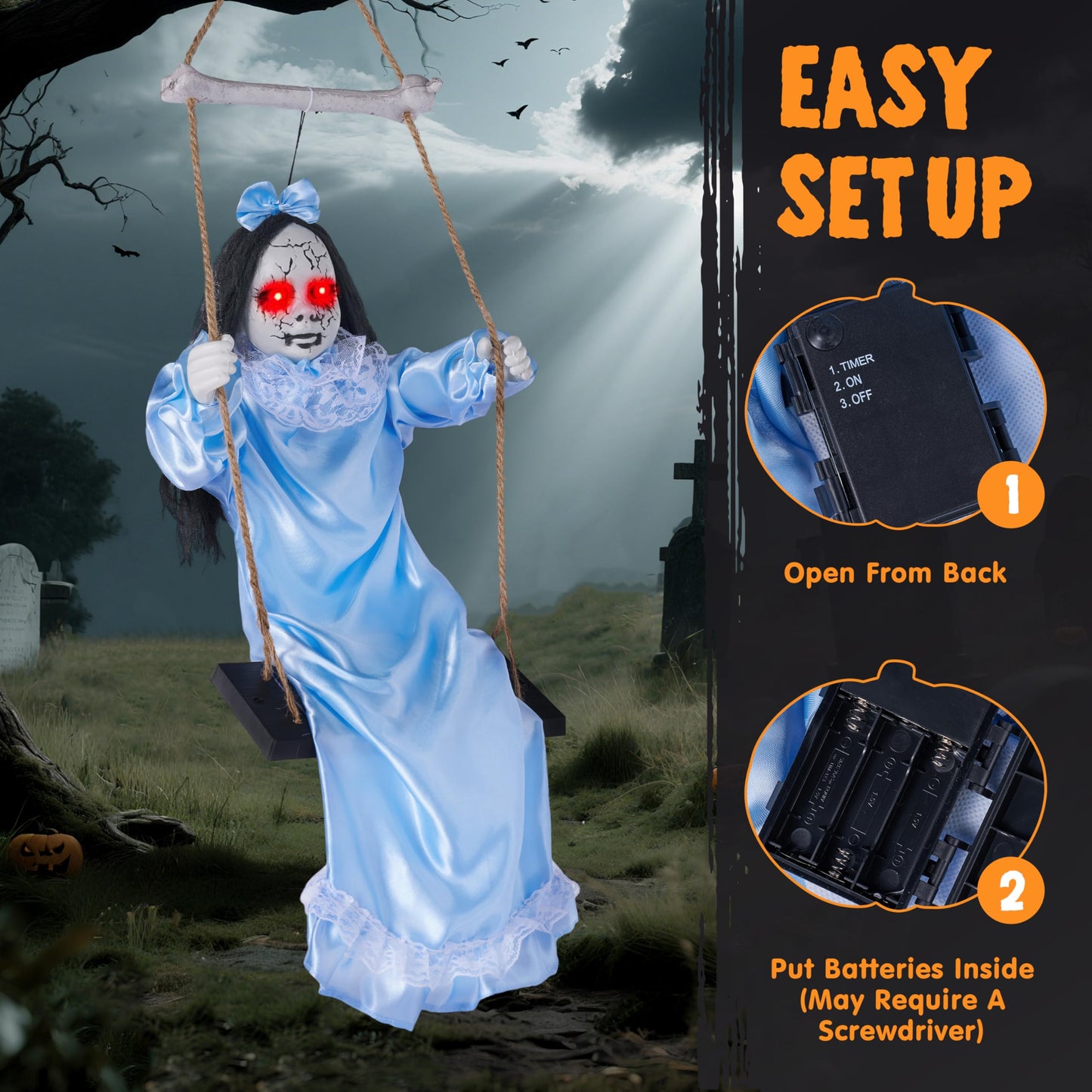 JOYIN 2 Pcs Hanging Ghosts Halloween Decorations Outdoor, 3ft Blue Swinging Creepy Sister Ghost with LED Red Light Eyes Creepy Girl Twins Doll Decor for Indoor Flying Props for Yard Patio Lawn Garden