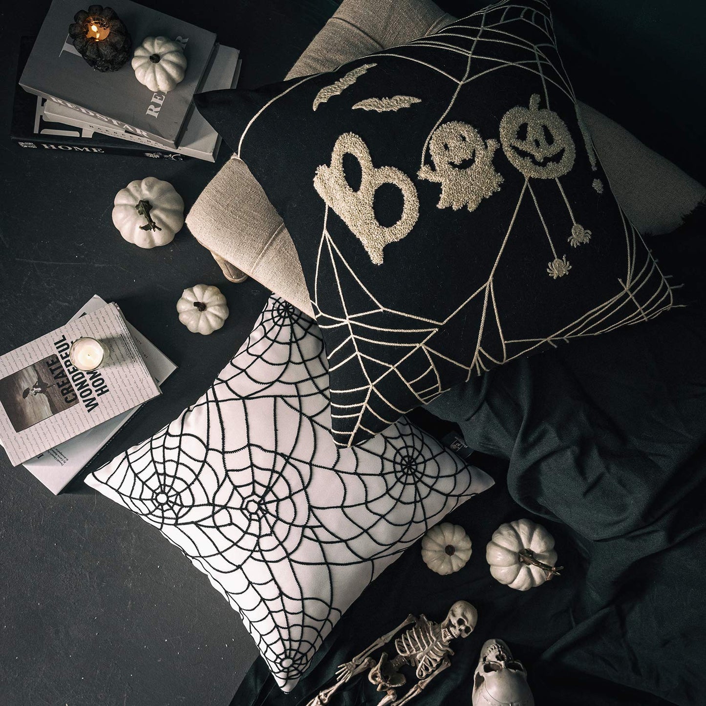 Phantoscope Set of 4 Happy Halloween Decorative Throw Pillow Covers, Handcrafted Embroidery Spider Web Black Bats and Cute Ghost Pillowcase Cushion Cover, Black and White, 18 x 18 inch, 45 x 45 cm