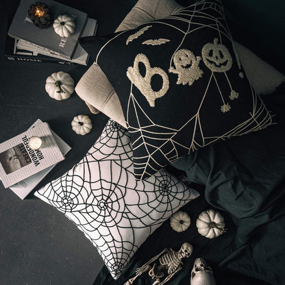 Phantoscope Set of 4 Happy Halloween Decorative Throw Pillow Covers, Handcrafted Embroidery Spider Web Black Bats and Cute Ghost Pillowcase Cushion Cover, Black and White, 18 x 18 inch, 45 x 45 cm
