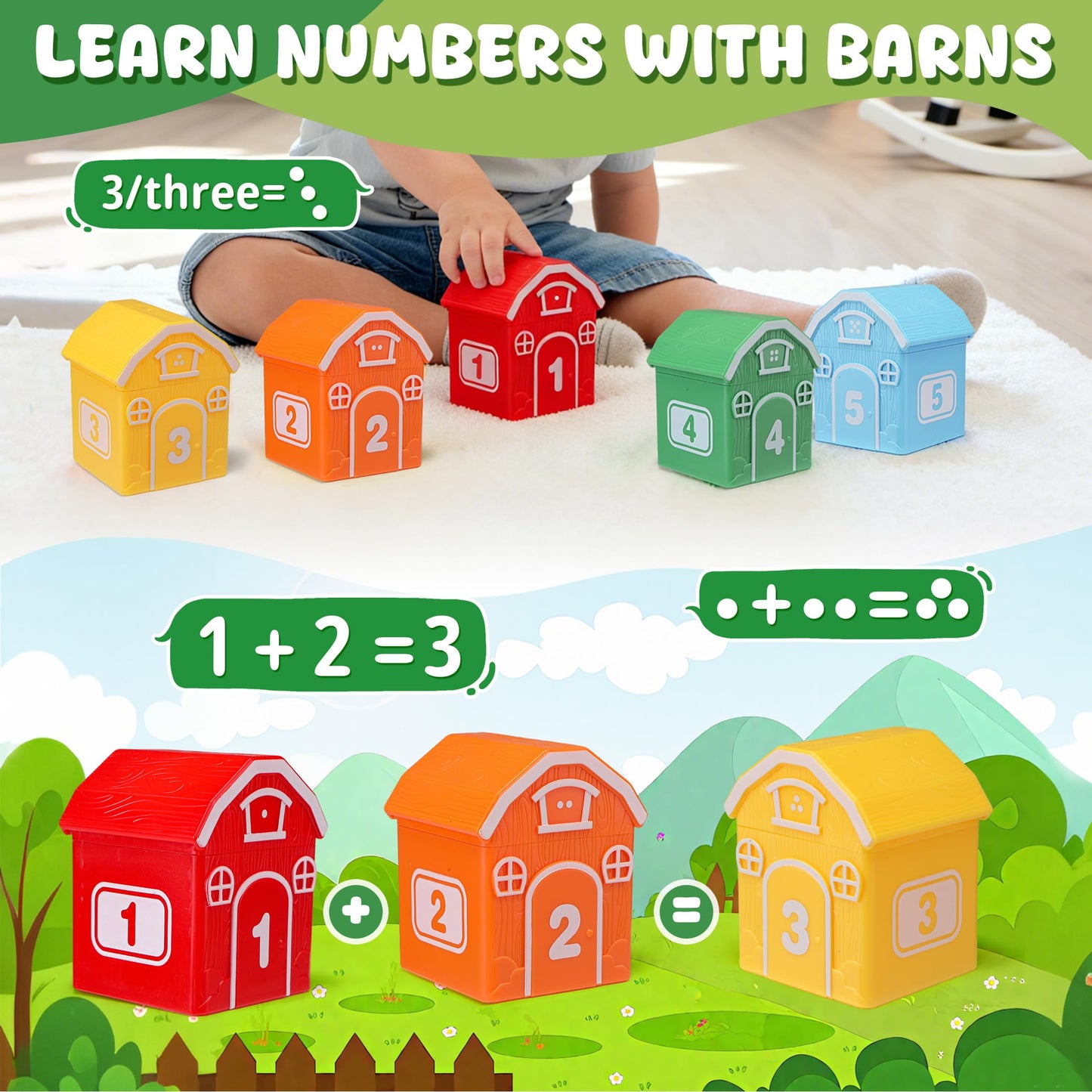 Montessori Toys for Toddlers, 20Pcs Farm Animal Toy Counting, Matching, Sorting Preschool Learning Toy Barn Toy including 10 Barns,10 Finger Puppets and 2 Stickers Birthday Gift Baby Boys Girls