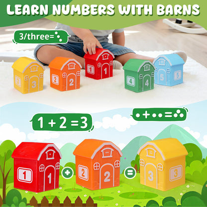 Montessori Toys for Toddlers, 20Pcs Farm Animal Toy Counting, Matching, Sorting Preschool Learning Toy Barn Toy including 10 Barns,10 Finger Puppets and 2 Stickers Birthday Gift Baby Boys Girls