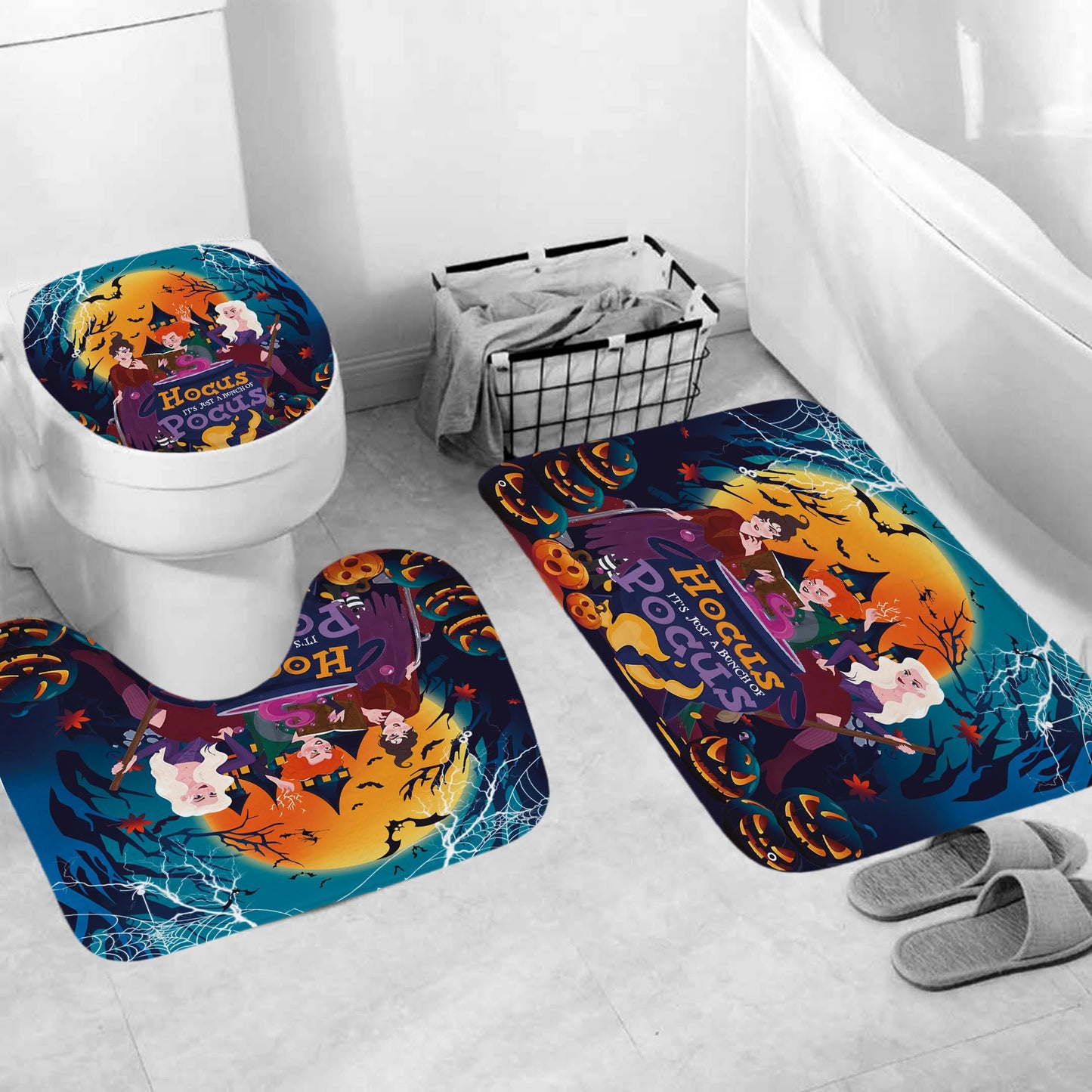 Apear1 4Pcs Halloween Shower Curtain Set Hocus Pocus Witch Shower Curtain for Halloween Bathroom Decor with Anti-Slip Waterproof Bathtub Bathroom Rugs Toilet Lid Cover, 12 Hooks (Witch)