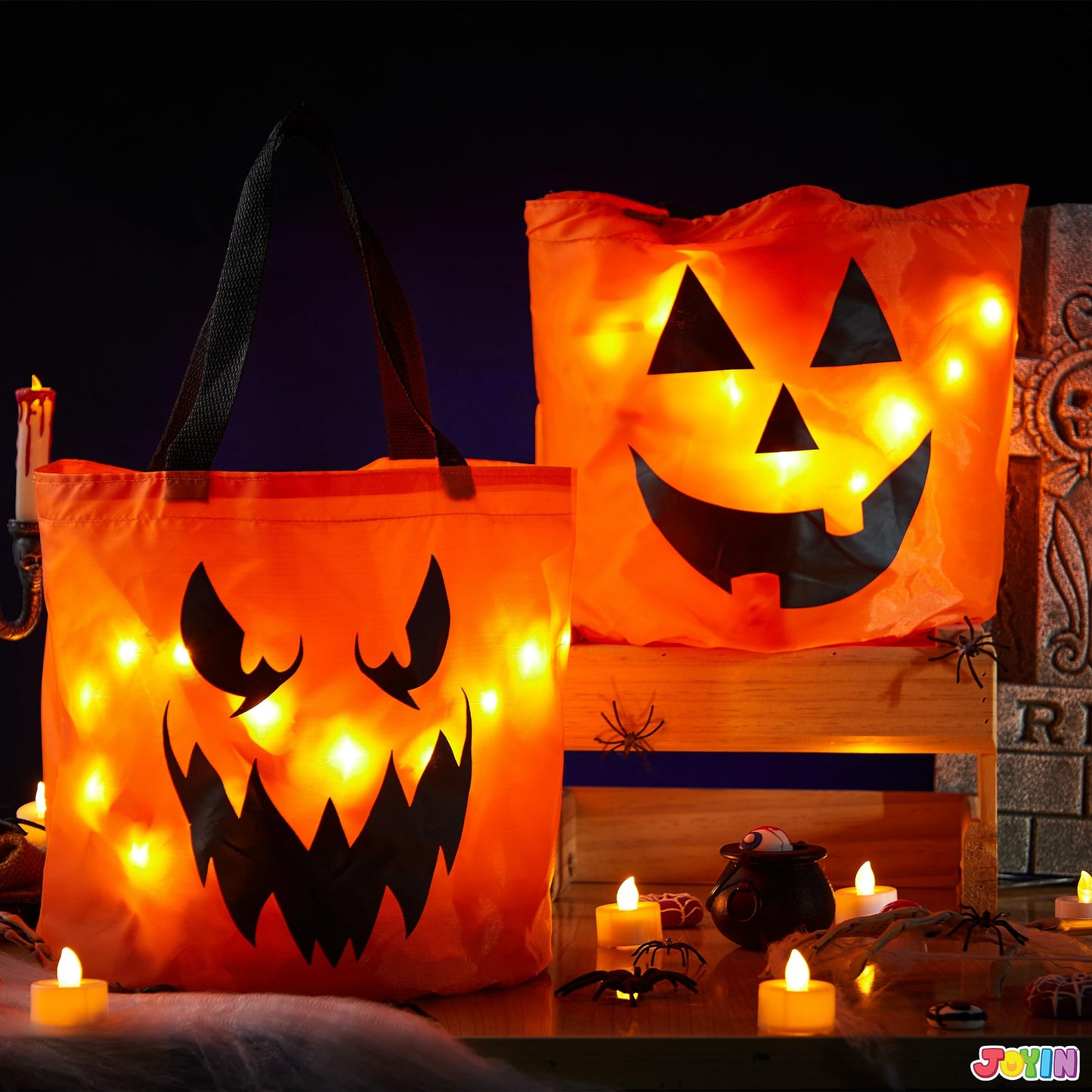 JOYIN 2 PCS Halloween Trick or Treat Bags 10 x 11.8 inches LED Light Orange Pumpkin Buckets Reusable Goody Candy Bucket Trick or Treating, Halloween Birthday Party Favor Supplies