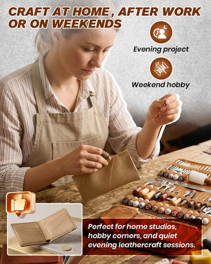 SAKERNEO Leather Working Tools kit Max Version with Custom Handbag Cutting Mats Engraving Punching Sewing Stamping Sanding Tools for Handicraft Work,Repair