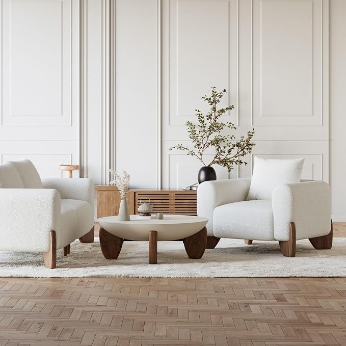 homary Round Concrete Coffee Table with Premium Walnut Ash Wood Legs, Modern Minimalist Cement Finish Center Table for Living Room (Beige, 37.4" W x 37.4" D x 14.4" H)