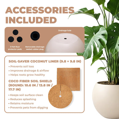 DEPLA LANE Marlo Fiberstone Round Planter (8.5" Pot Opening x 12.6" D x 9.8" H) Smooth Finishes, Lightweight, Durable, UV Resistant, Modern Minimalist Home Decor, Indoor Outdoor Pot (S, Cream White)