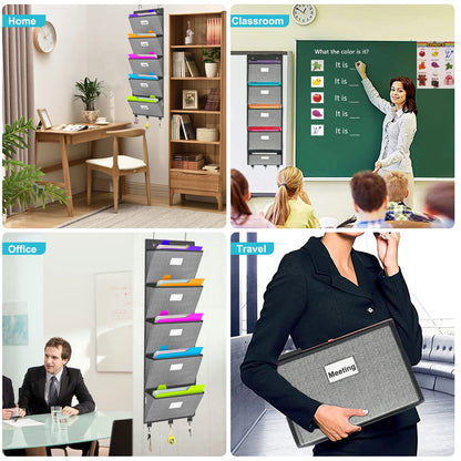 Over the Door File Organizer, Hanging File Folders, Wall Organizers and Storage for Mail, Magazine, Notebooks, Planners, Office, Classroom, 5 Extra Large Pockets, 50.39” Tall (Grey with Herringbone)