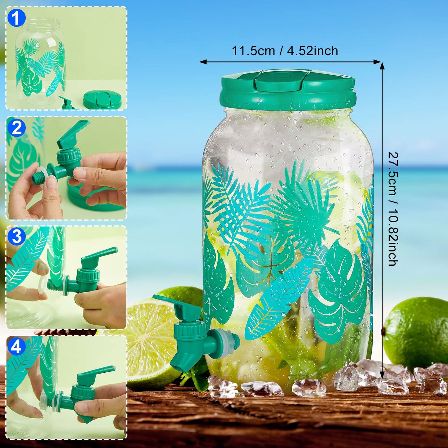 Norme 2 Pcs 1 Gallon Plastic Drink Dispenser Jungle Leaves Theme Iced Beverage Dispenser Tea Jar with Spigot and Carrying Lid Clear Dispenser for Fridge Bar Summer Party