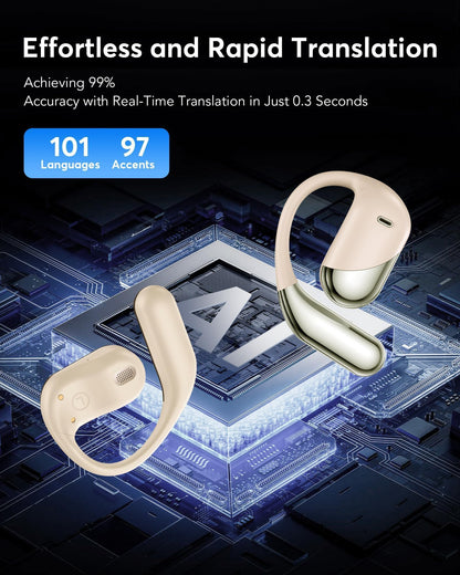 Paekole H5 AI Translation Earbuds: Real-Time 2-Way Language Translator Device (198+ Languages) for Face-to-Face & Travel, Bluetooth Headphones, Audifonos Traductores - Classic Khaqi