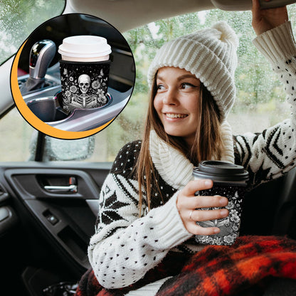 Skeleton Reading Iced Coffee Cup Sleeve 3 Pack, Gothic Floral Reusable Neoprene Holder, Book Lover Gifts for Men Women, Skull Theme Coffee Coolies Sleeves for Iced & Hot Drinks, Ideal Birthday Gift