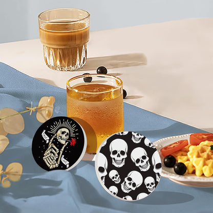 Coaster for Drinks Set of 6, Skeleton Skull Absorbing Round Ceramic Stone Coaster with Cork Base,Tabletop Protection Mat for Mugs and Cups,Coffee Table Wine Glass Home Bar 4 Inch