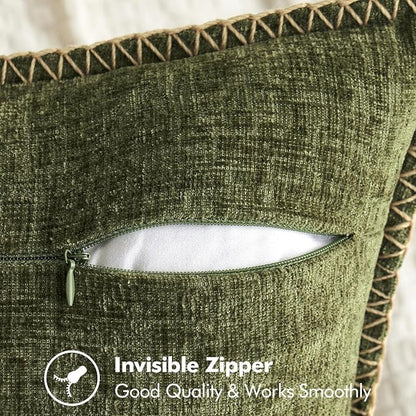 MIULEE Pack of 2 Couch Throw Pillow Covers 18x18 Inch Olive Green Farmhouse Decorative Pillow Covers with Stitched Edge Soft Chenille Solid Dyed Pillow Covers for Sofa Bed Living Room