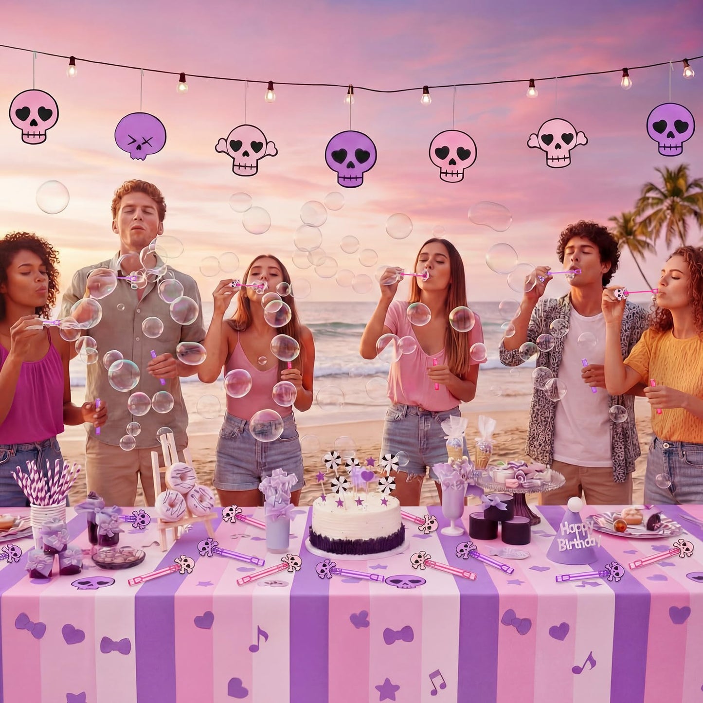 RoundFunny 24 Pcs Skull Mini Bubble Wands Skeleton Theme Party Supplies Favors Decorations Kawaii Cartoon Pink Purple Bubbles Sticks Wands for Birthday Party Goodie Gift Bag Outdoor Activity