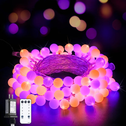 JMEXSUSS 100 LED Globe String Lights Indoor Plug in with Remote, 33ft Connectable Christmas Lights Outdoor, 8 Modes Orange and Purple Fairy Light Outdoor for Bedroom Room Party Christmas Decor